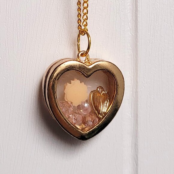 Fun Gold Plated Locket Necklace with Peach Flower, Pink Beads and Gold Heart - Picture 5 of 13